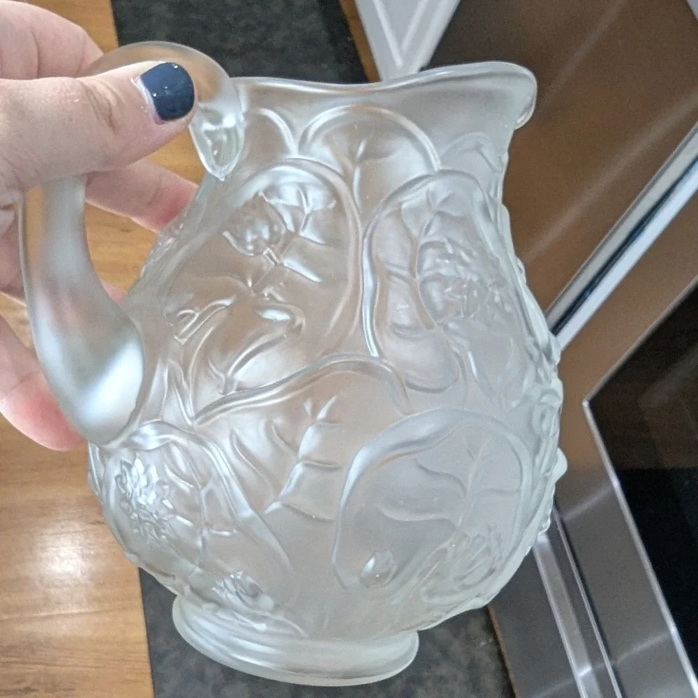 Vintage Frosted Glass Pitcher Floral Embossed Satin Glass Relief Design